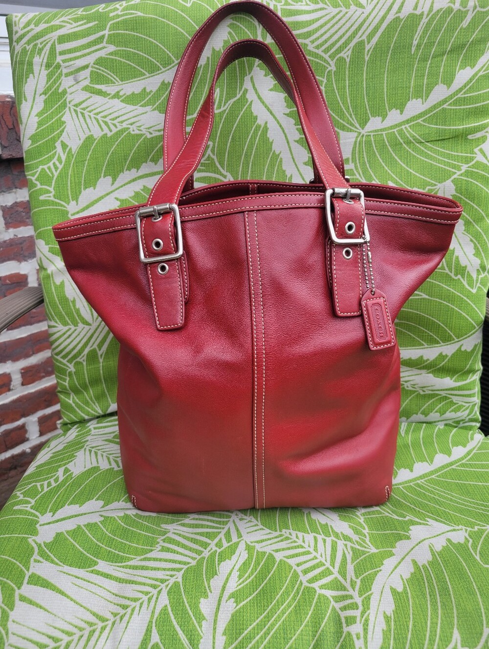 Vintage Coach Hampton Red Leather Shopper Tote Bag with Buckle Straps